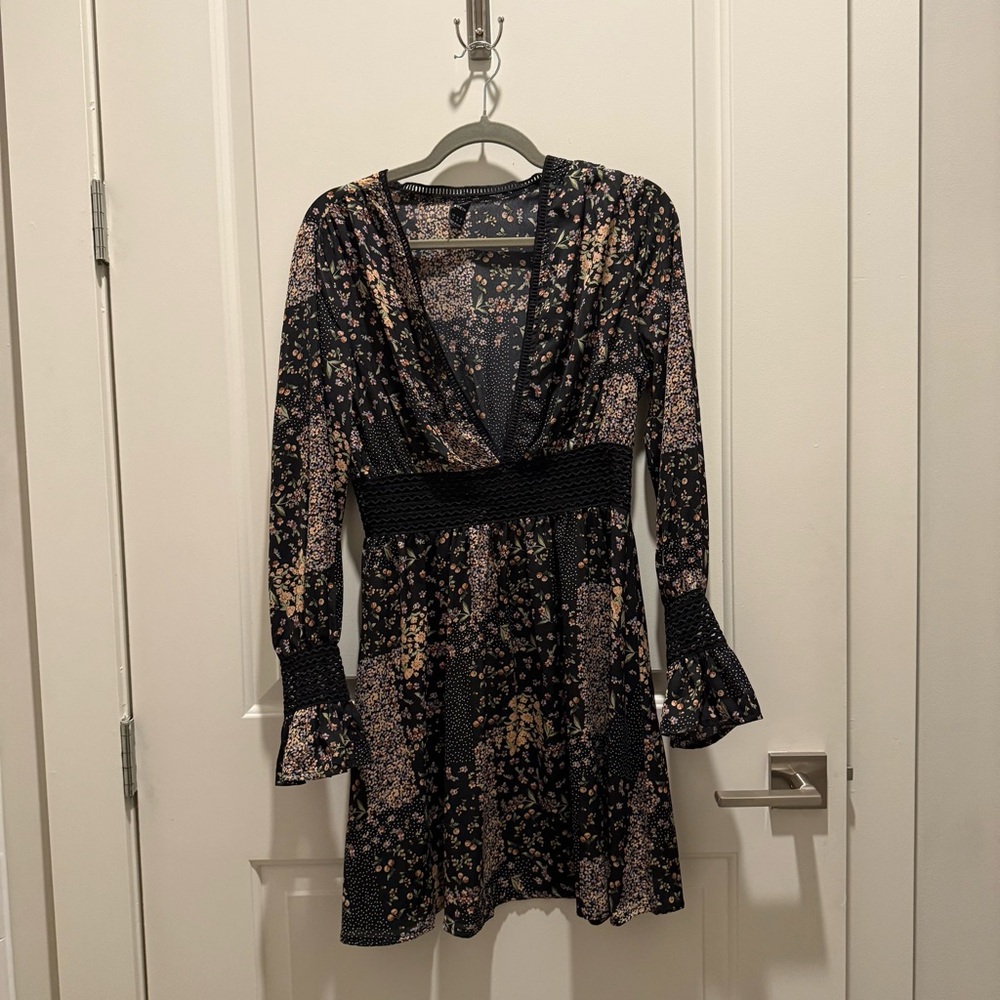 SHEIN Black and Pink Floral Long Sleeve Dress